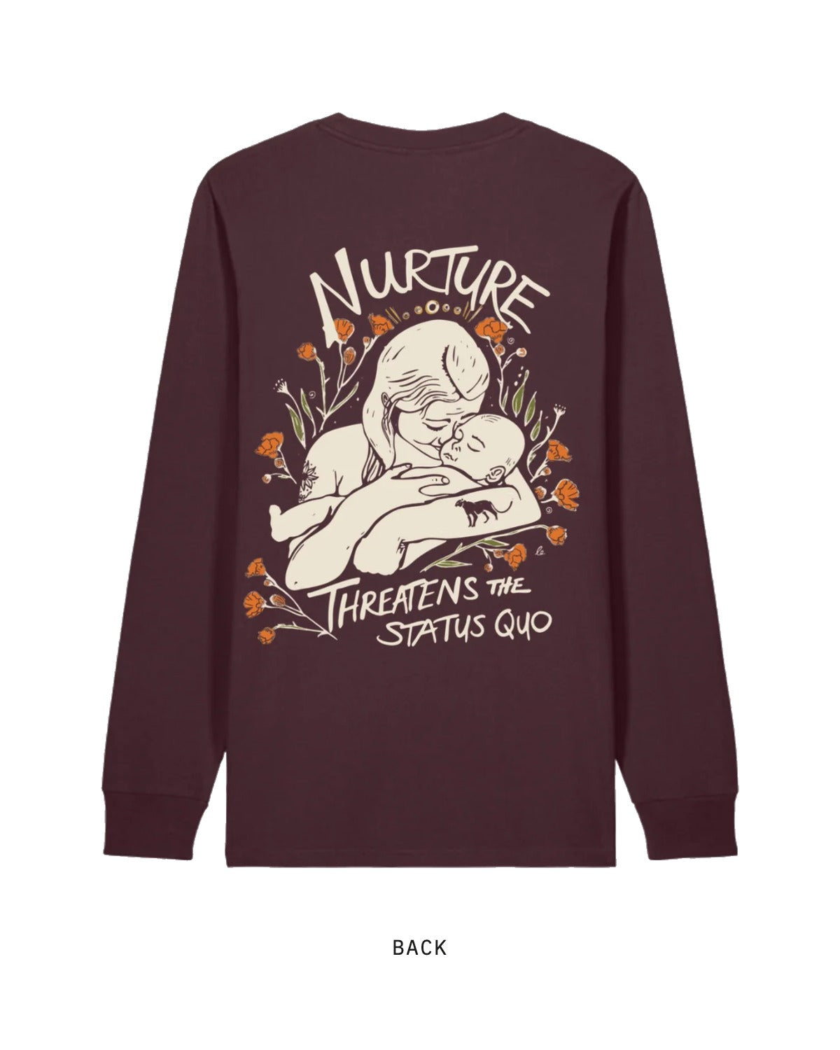 Nurture Threatens the Status Quo — Long Sleeve, back, in Red Brown