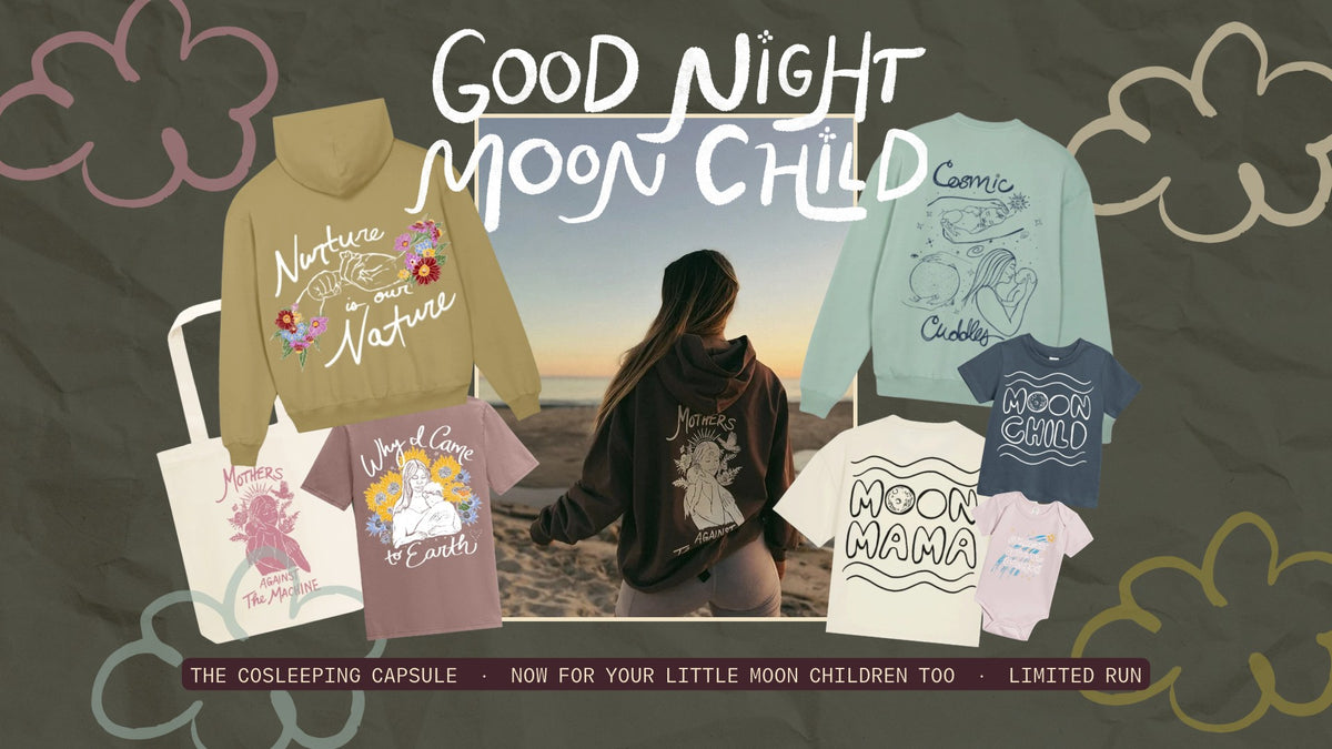 Good Night Moon Child Cosleeping Capsule: hoodie, crewneck, tees, tote and baby pieces around a photo of a mama on the beach